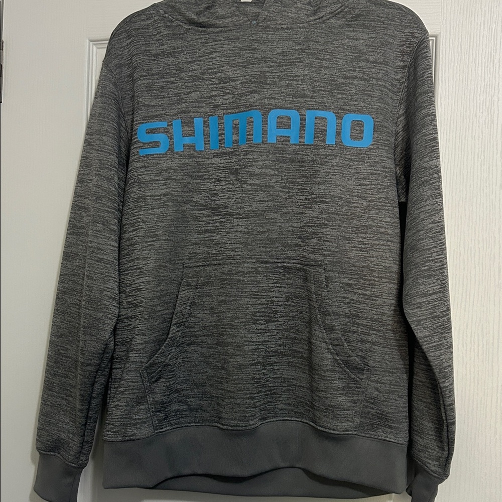 Shimano Charcoal Hoodie with light blue Logo. Adult small